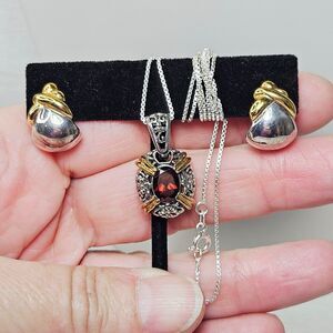 Sterling Garnet Pendant Chain Necklace J Hoop Earrings January Birthstone 10.9gr